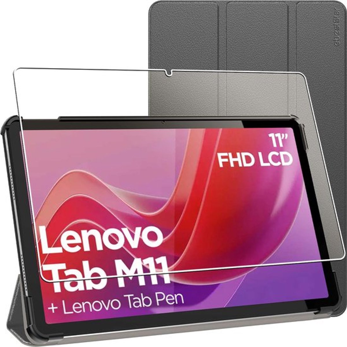 ebestStar - Hoes geschikt voor Lenovo Tab M11, Slanke Design PU Lederen Etui, Automatische Slaap/Wake, SmartCase hoesje, Zwart + Gehard Glas