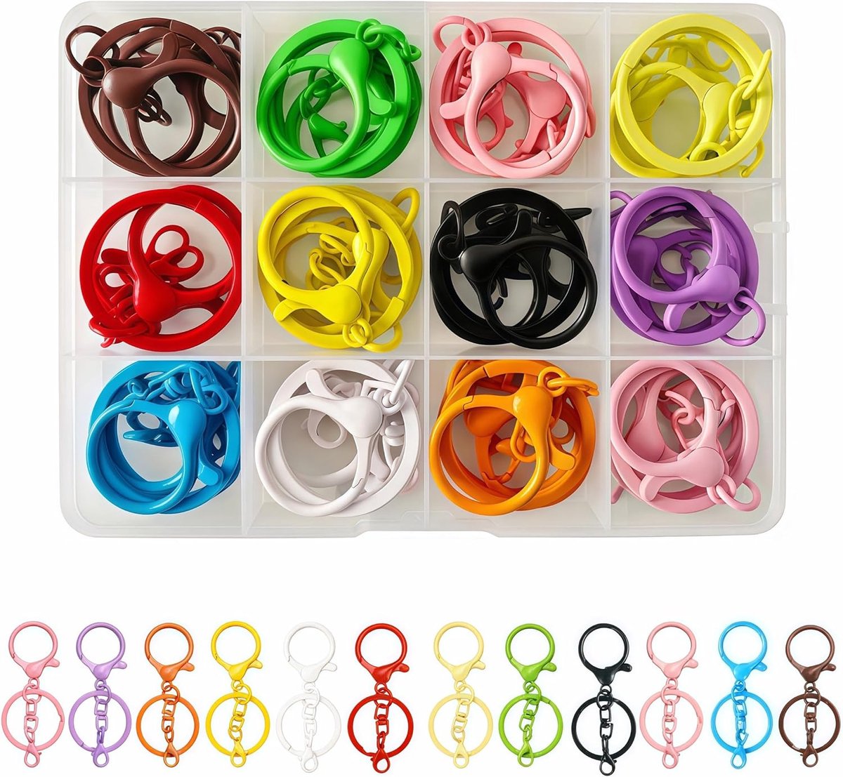 SnelShoppen - Pack van 24 Sleutelhangers met Ketting, Multicolore Lampvormige Sleutelhangers met Mousseton Haak, Rotatable, Klein, voor Knutselen, Rug