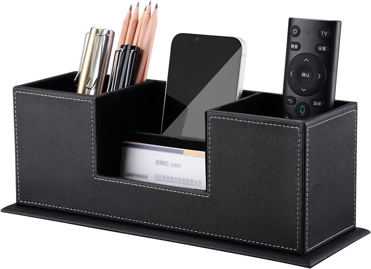 SnelShoppen - Multifunctionele Pennenhouder Desk Organizer - Stijlvolle Pennenbak met 4 Compartimenten - Hoogwaardige PU Leer en MDF - Zwart - Perfect