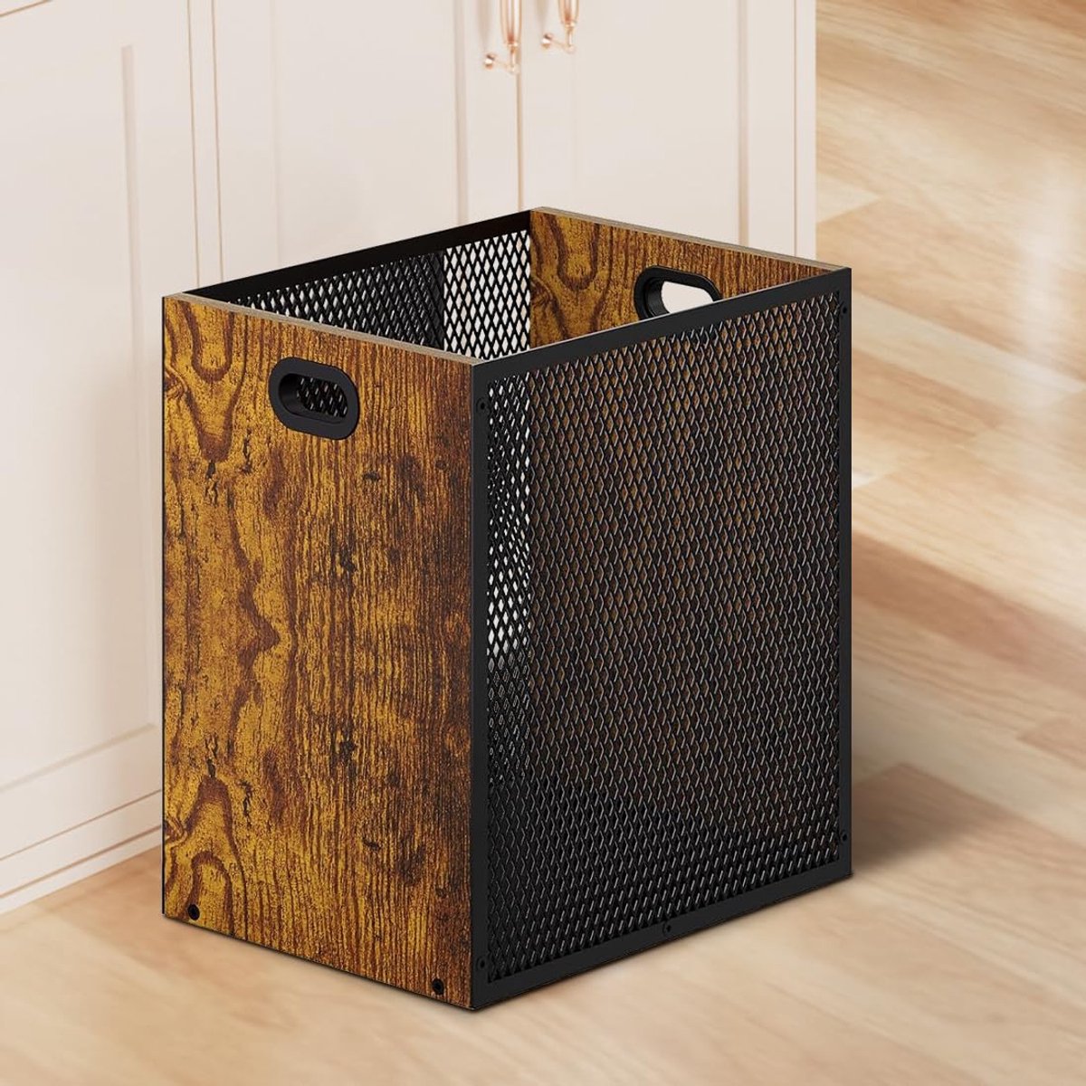 SnelShoppen - Retro Trash Can Office 16.8 L - Stijlvolle Houten en IJzeren Afvalbak voor Kantoor, Woonkamer, Keuken - Industriële Design met Handgrepe
