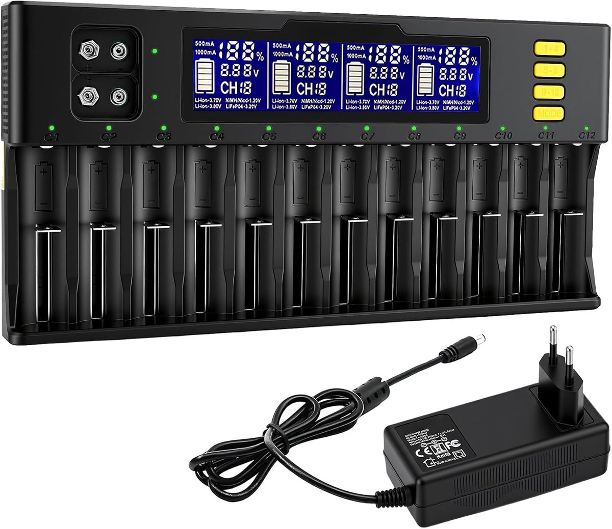 SnelShoppen - 18650 Oplader met 12 + 2 Slots, Universele Batterij Oplader met LCD Display, Meerdere Beschermingsfuncties voor 18650, 20700, 26650, AA,