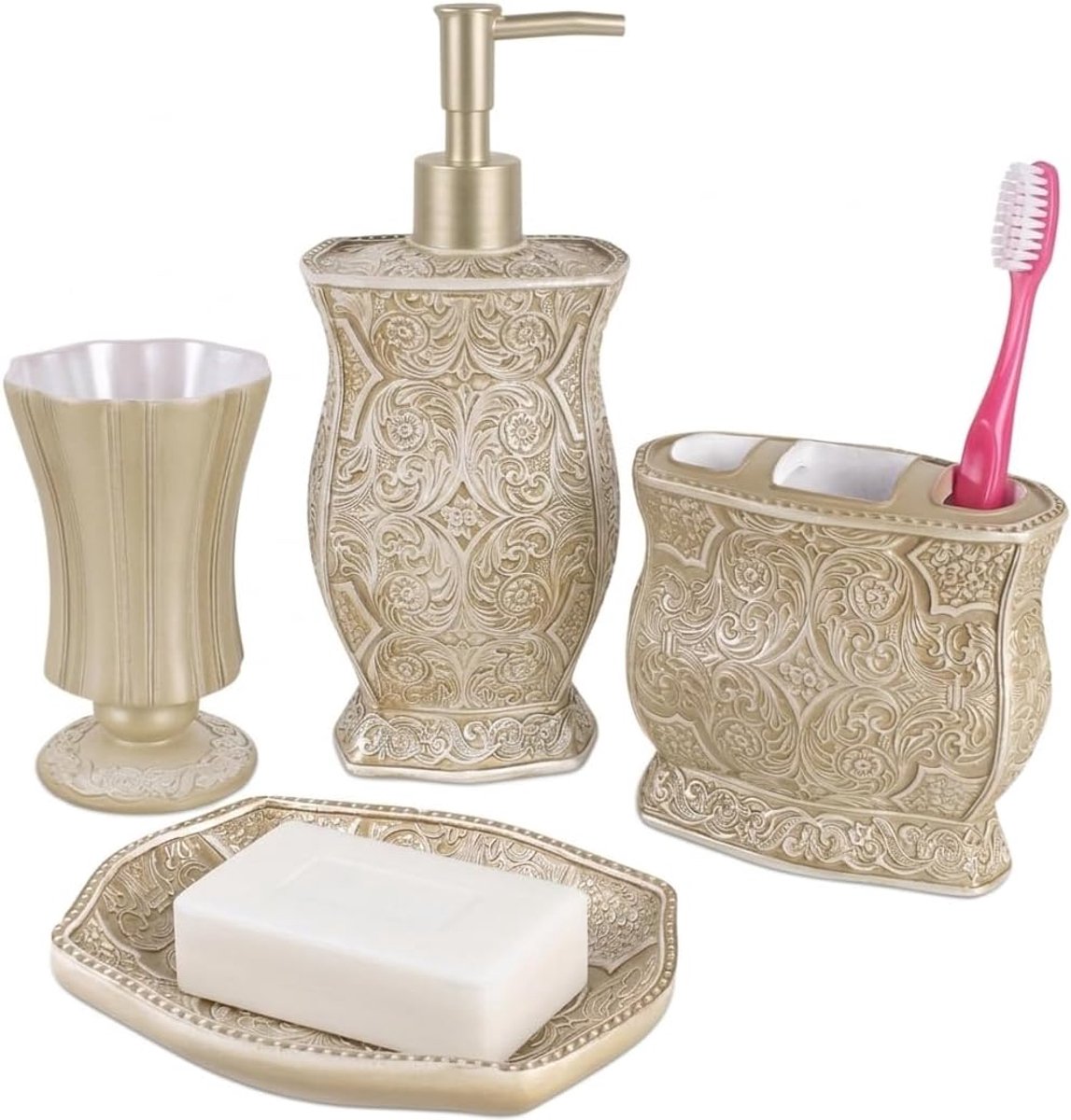 SnelShoppen - Victoria Badaccessoireset 4-delig - Luxe Badkamer Set met Zeepdispenser, Tandenborstelhouder, Tumbler en Zeepbakje - Perfect voor Badkam