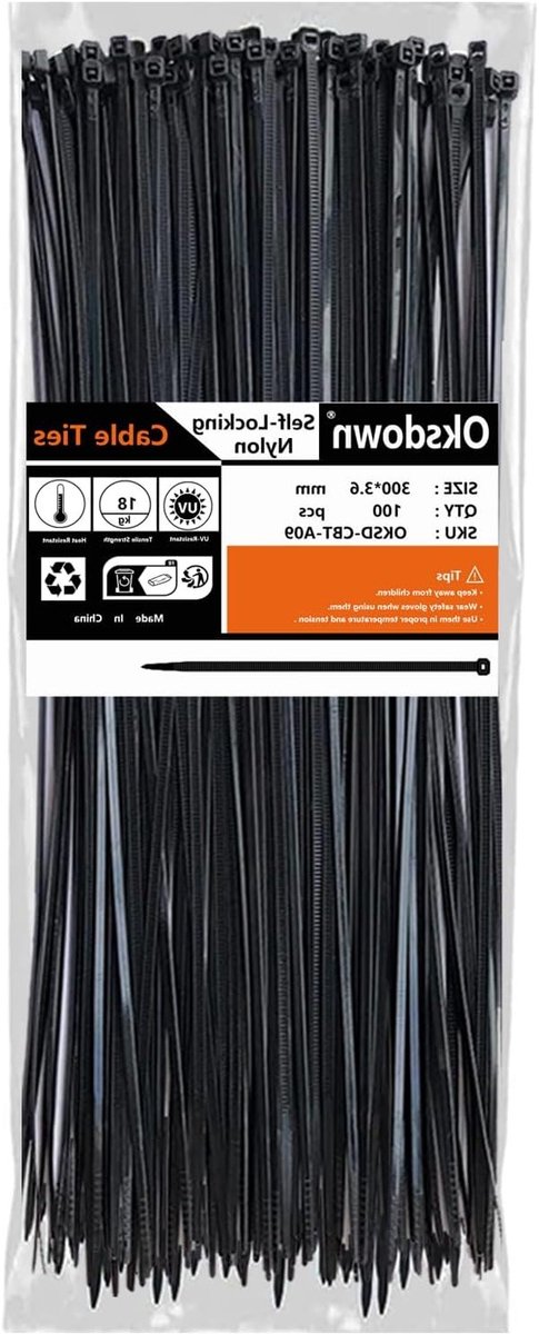 Kabelbinders - Tie Wraps Plastic Ties - Kabelbeheer - Zelfsluitend Nylon - 300mm x 3.6mm - Zwart