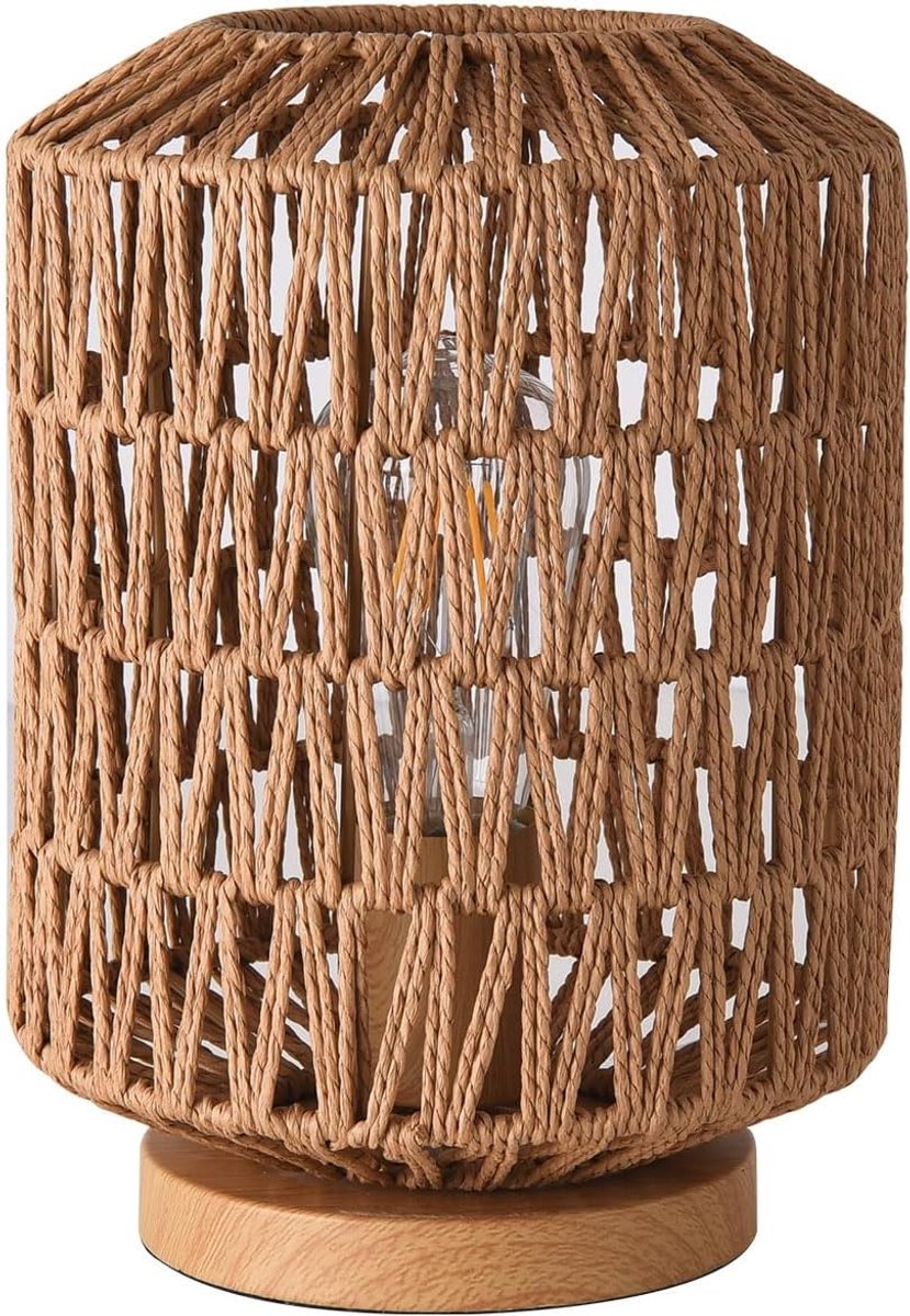 Rotan tafellamp, vintage rieten tafellamp met metalen voet, handgemaakte boho bamboe geweven nachtlamp voor slaapkamer, woonkamer, kinderkamer of café.
