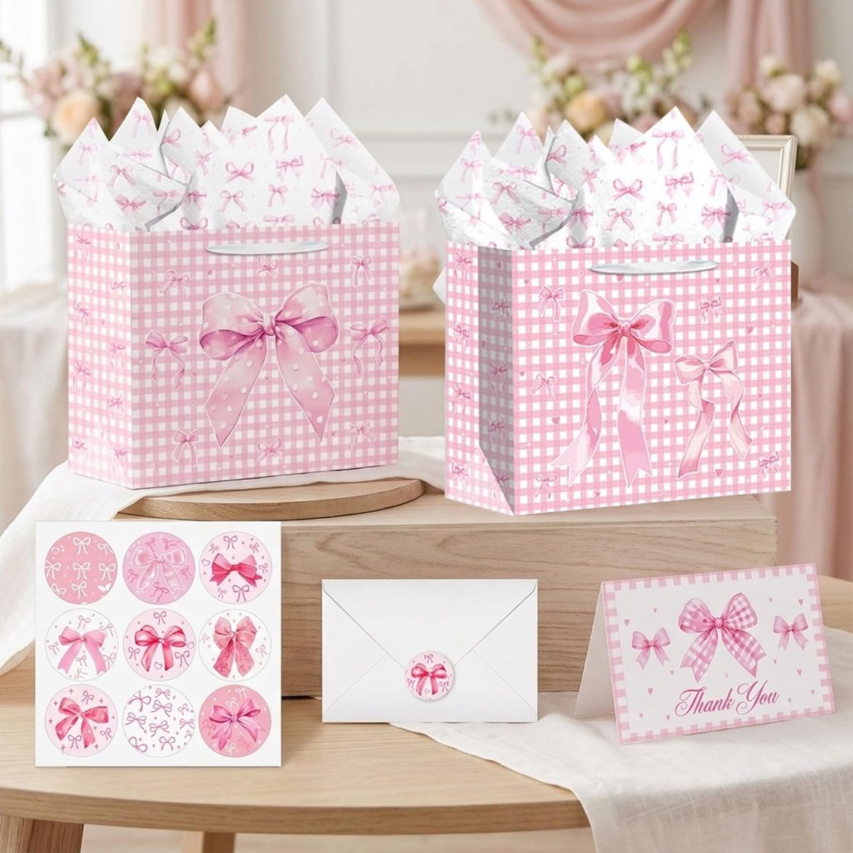 SnelShoppen - Rosa Strik Zakjes voor Meisjes Verjaardag en Vrijgezellenfeest - Witte Doos met Inpakpapier, Dankkaart en Sticker - Perfect voor Feestje