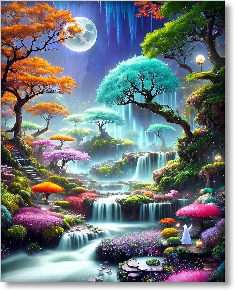 SnelShoppen - Schilderen op Nummer voor Volwassenen - Landschap Waterval - 40x50cm Canvas - DIY Set met 4 Penseeltjes - Perfect Cadeau voor Volwassene