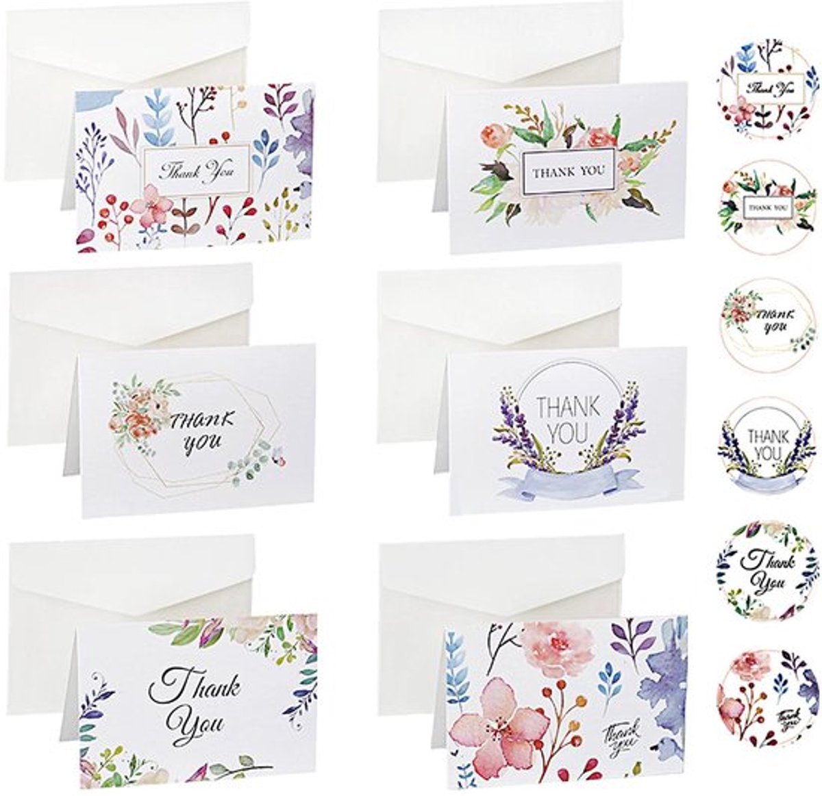 Bedankkaarten 48 Stuks - Wenskaarten Set - Blanco Kaartjes - Enveloppen met Stickers - Verschillende Ontwerpen - 11 cm x 7 cm