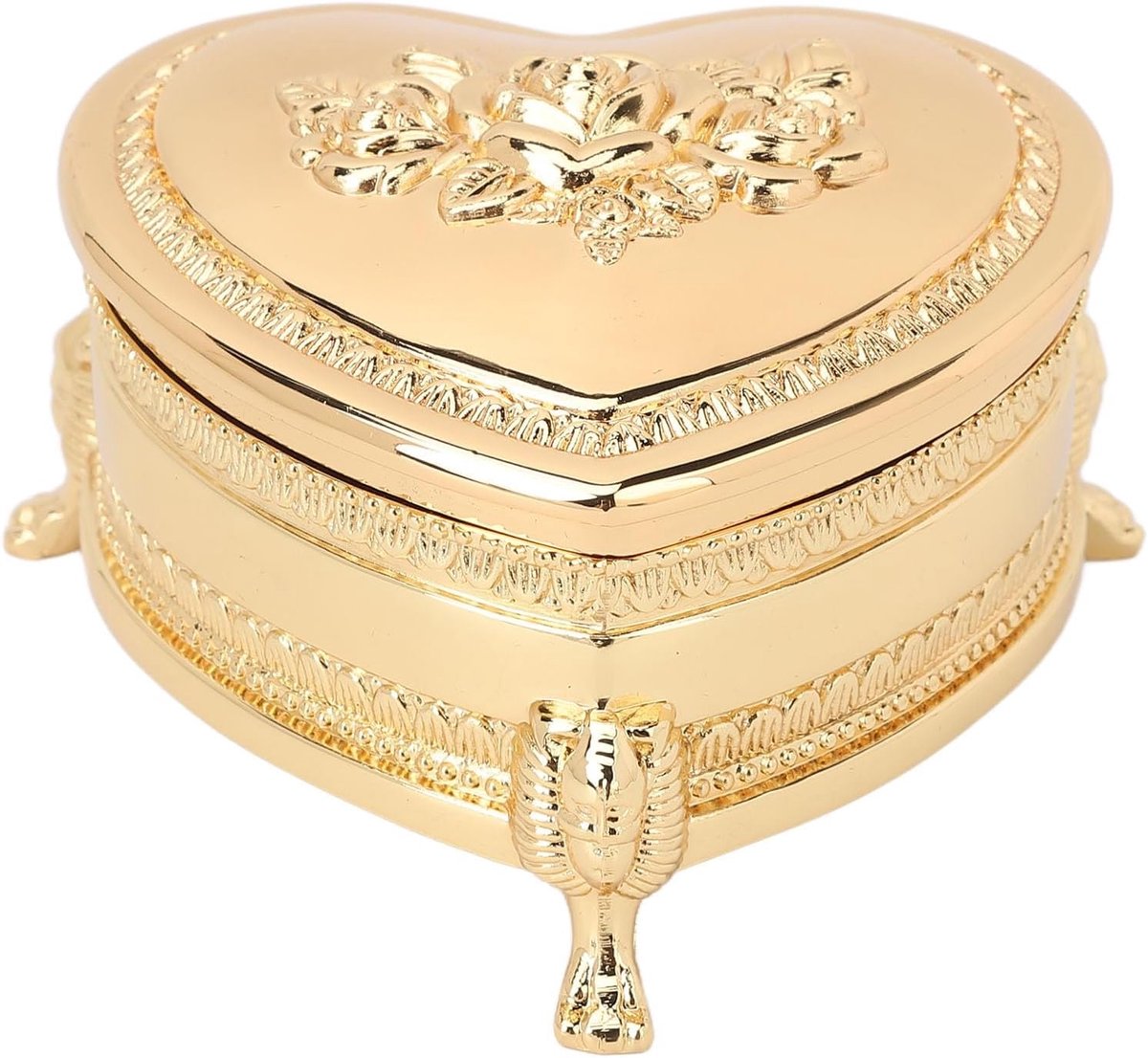 SnelShoppen - Vintage Hartvormige Zinklegering Sieradenbox met Fluwelen Voering | Gouden Metalen Box voor Ringen en Oorbellen, Antiek Bloemenpatroon,