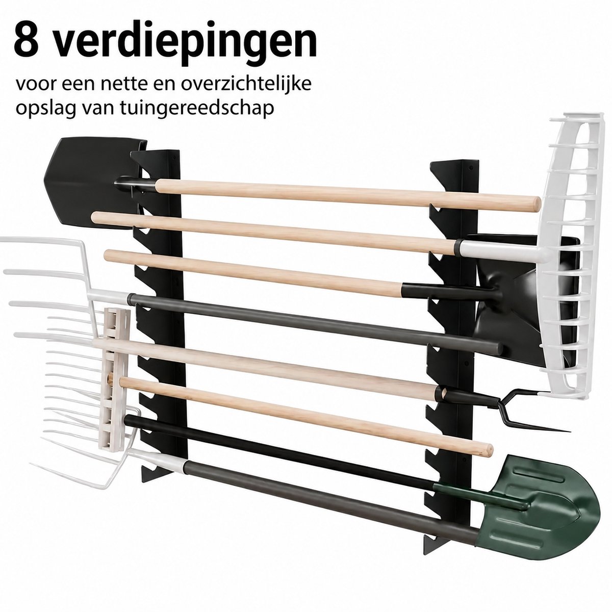 Sello! wandgemonteerd tuingereedschapsrek – horizontale organizer – tuingereedschap – hark – schop – 8 stuks gereedschap.