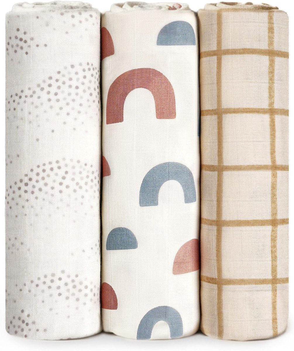 SnelShoppen - Baby Swaddle Dekens Set van 3, 120x120 cm, Katoen en Bamboe, Zachte Muslin Babydeken, Multifunctionele Swaddle en Burpdoeken voor Nieuwe
