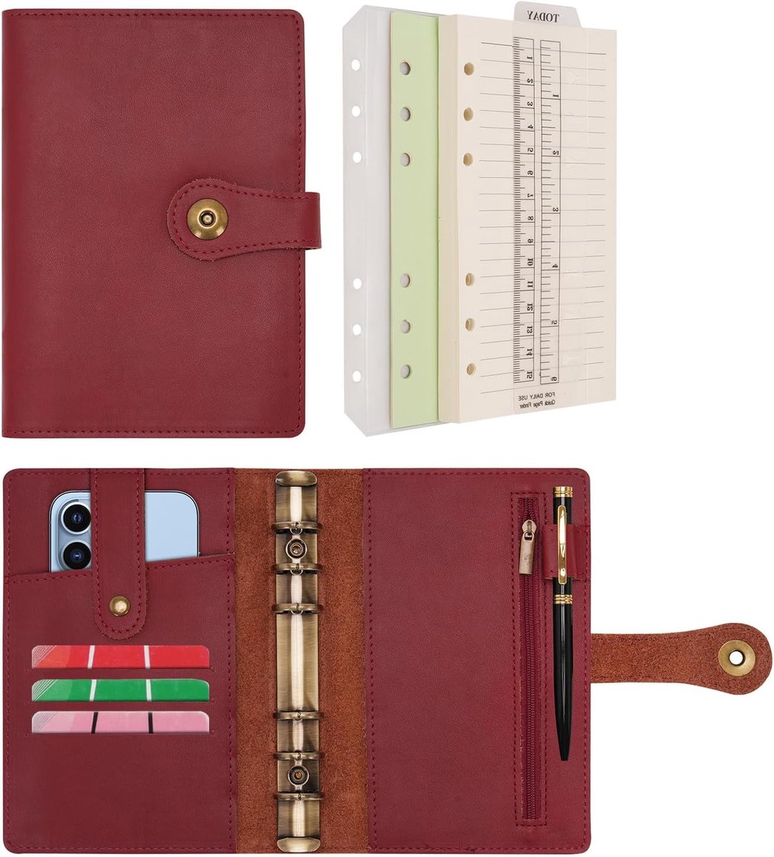 SnelShoppen - Ringband Reisbureau Notitieboek Lined Paper Vervangbaar Leer Budget Organizer met Pen voor Kantoor School Zakelijke Planning Schrijven (