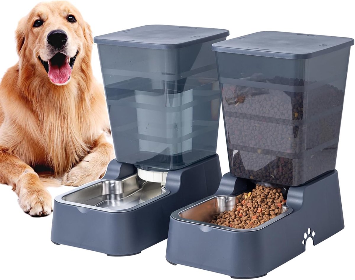 SnelShoppen - 5L Automatische Hondenvoer- en Waterdispenser Set voor Middelgrote en Grote Honden, Katten en Huisdieren - Donkergrijs, Hoogwaardige BPA