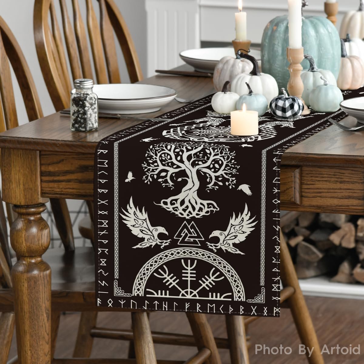 SnelShoppen - Tafelkleed Viking Tree of Life 40x240 cm - Zwart Tafelrunner van 100% Polyester - Duurzaam en Decoratief voor Feest, Keuken en Eetkamer