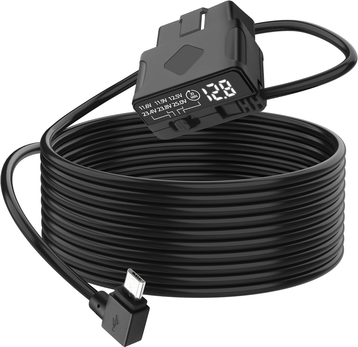 SnelShoppen - OBD Power Cord voor Dash Camera, 90 Graden Rechthoek, Micro USB naar OBD, 12V-24V naar 5V Dash Cam Hardwire Kit met LED Spanning en Laag
