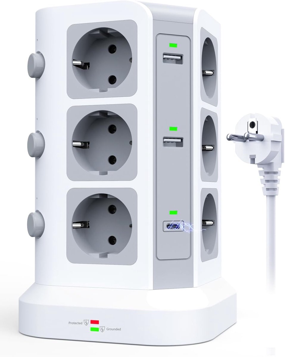 SnelShoppen - 20W USB C Power Strip met 12 Sockets, 4 USB A, Surge Protection, 3 Switches, 2 Meters, Wit voor Thuis en Kantoor