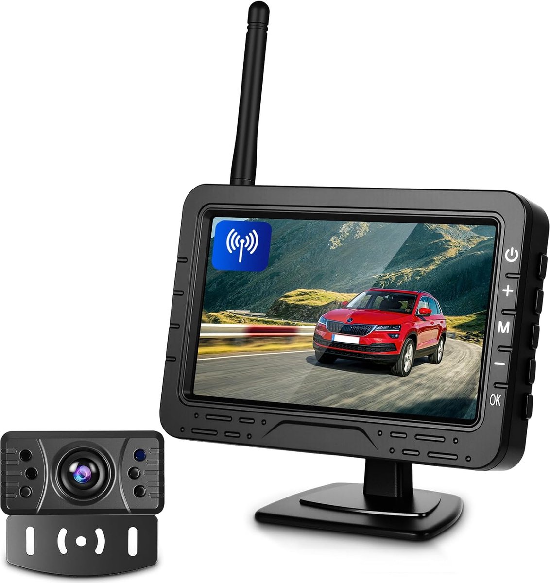 SnelShoppen - Draadloze HD Achteruitrijcamera met 4.3 Inch Scherm, Nachtzicht, IP68 Waterdicht, Verwijderbaar Display en Sigarettenaansteker Plug