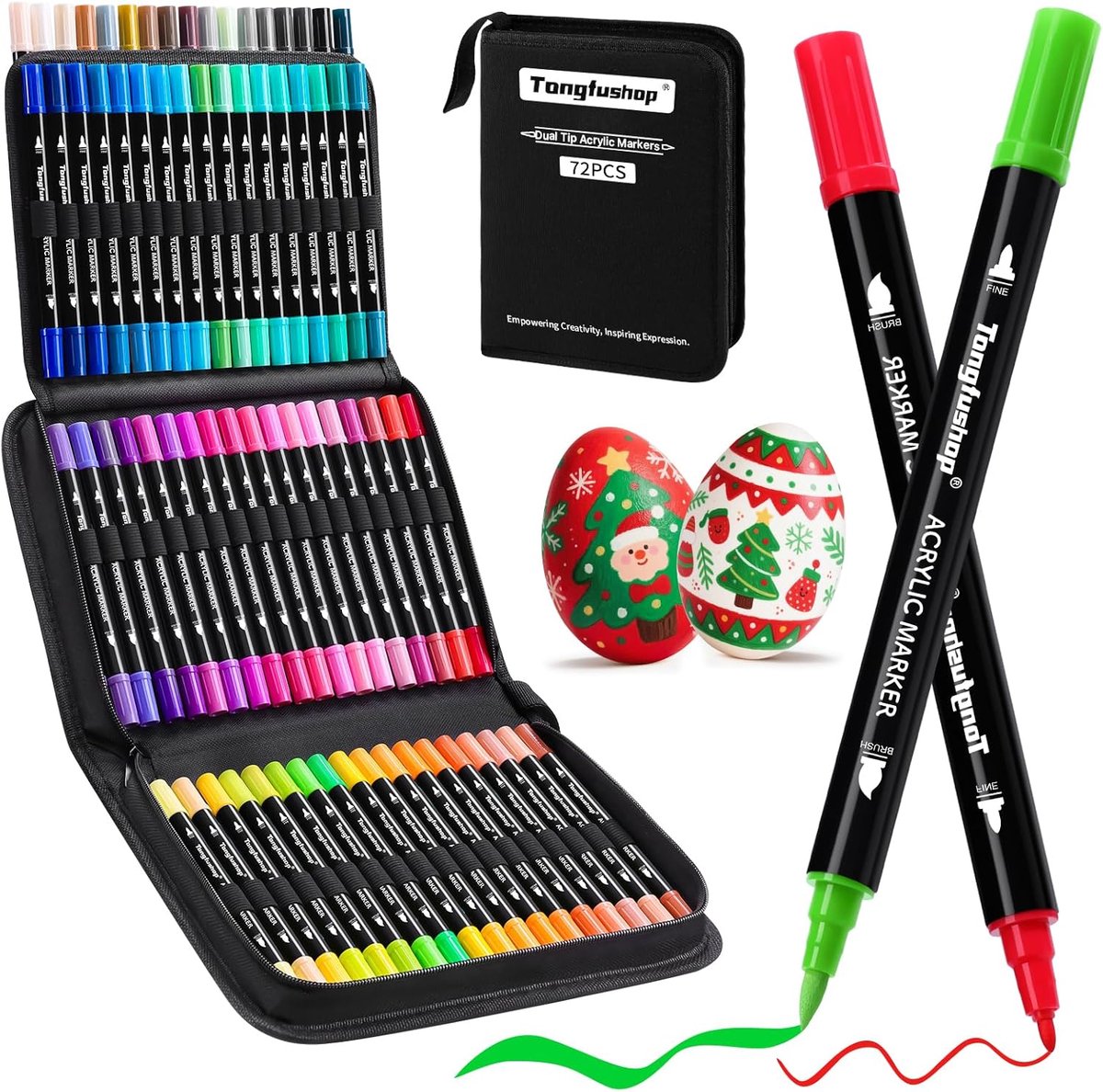 SnelShoppen - 72 Kleuren Acryl Viltstiften Set - Dubbelpunt Acryl Markers - Fijne Tips & Penseel - Waterbasis Acrylverf voor Steen, Hout, Canvas, Glas