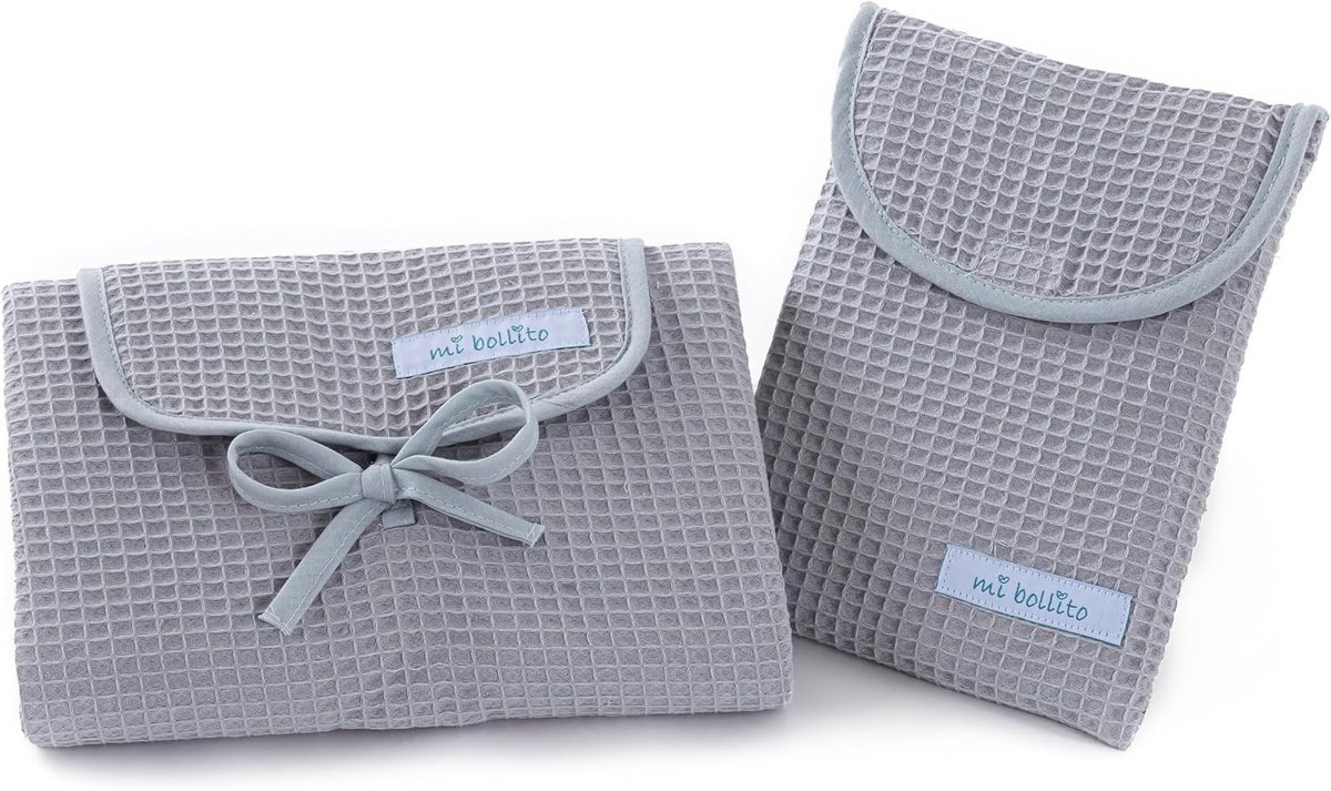 SnelShoppen - Set van 2 Waterdichte Baby Verzorgmatten + Luiertas voor Doekjes en Luiers, 100% Katoen, Lichtgrijs, Compact & Lichtgewicht, Perfect voo