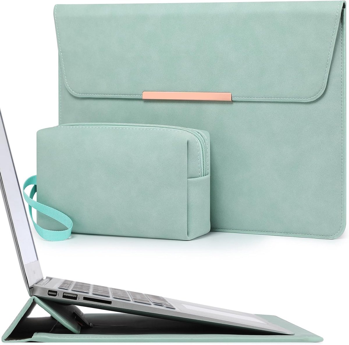 Thijox - Laptophoes Tas 13,3-14 Inch met Standaard voor MacBook Pro, Air, Surface Laptop, HP Spectre X360, Mint Groen (Smiley), Beschermhoes voor Scho