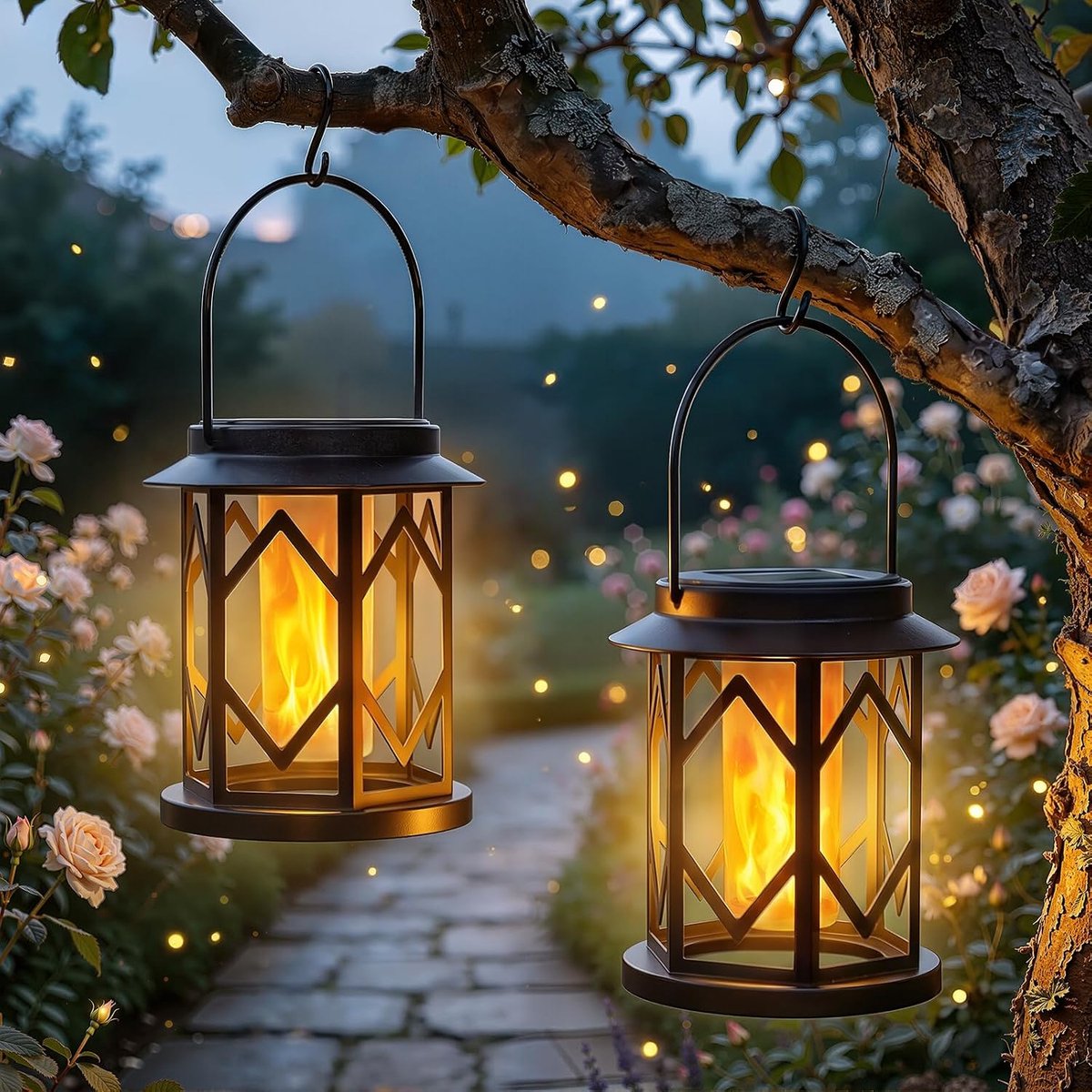 SnelShoppen - Solarlampen voor Buiten, Tuin, Hangend, 2 Stuks, Warmwit, Metalen Zonne-Lantaarns IP65 Waterdicht, Tuindecoratie, Balkon, Feest, Camping