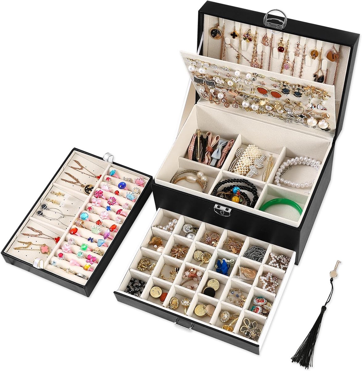 SnelShoppen - Earring Jewelry Box voor Vrouwen en Meisjes - 5 Laags Sieraden Organizer met Slot - Earring Holder, Necklace & Ring Organizer in Zwart -