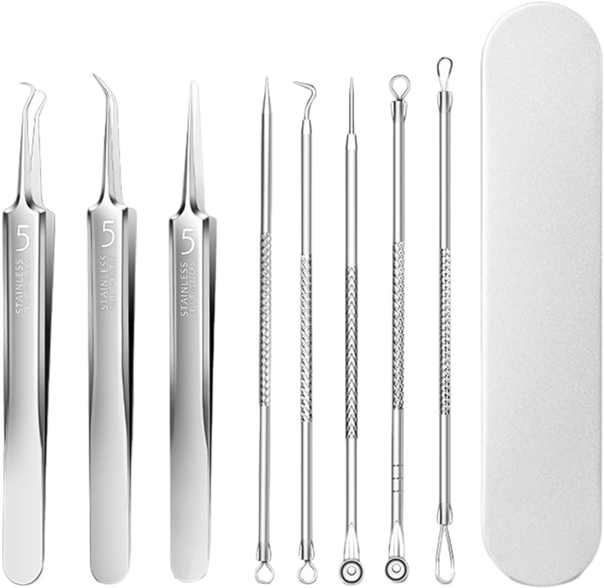 SnelShoppen - 8-delige Zwarte Poriën Verwijder Tool Set - RVS Blackhead Verwijderaar met Niet-Glijdende Handgreep - Perfect voor Acne en Huidschade