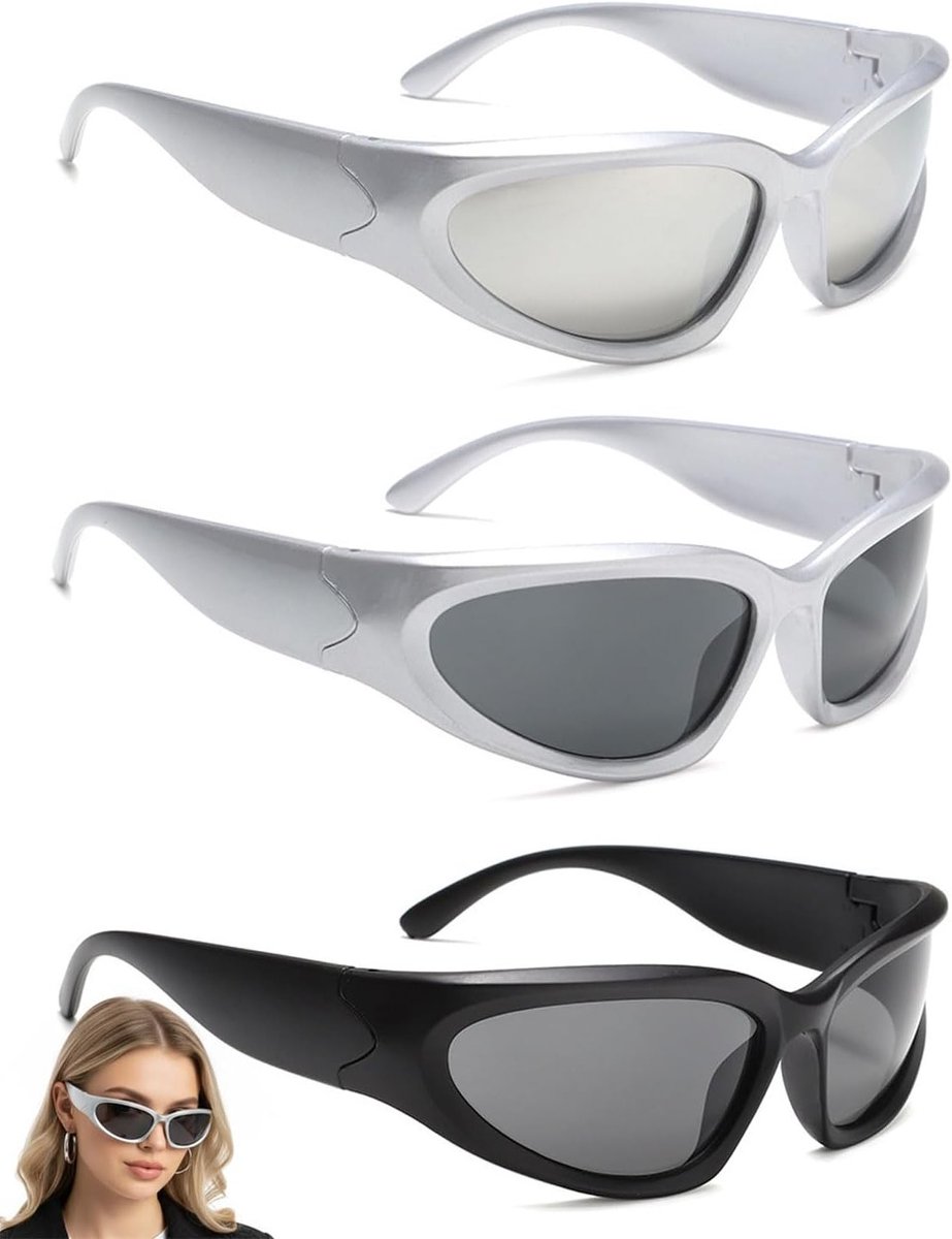 Drie delige zonnebril set voor heren en dames, futuristische y2k stijl, lichtgewicht UV400 gepolariseerde sportbrillen, trendy retro fietsbrillen en rave accessoires