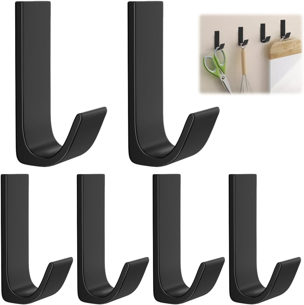 SnelShoppen - 6 Stuks Aluminium Handdoekhaken zonder Boren | Zelfklevende Wandhaken voor Badkamer, Keuken, Kledingkast, Sleutels, Zwart | 6.2×2×1.7cm
