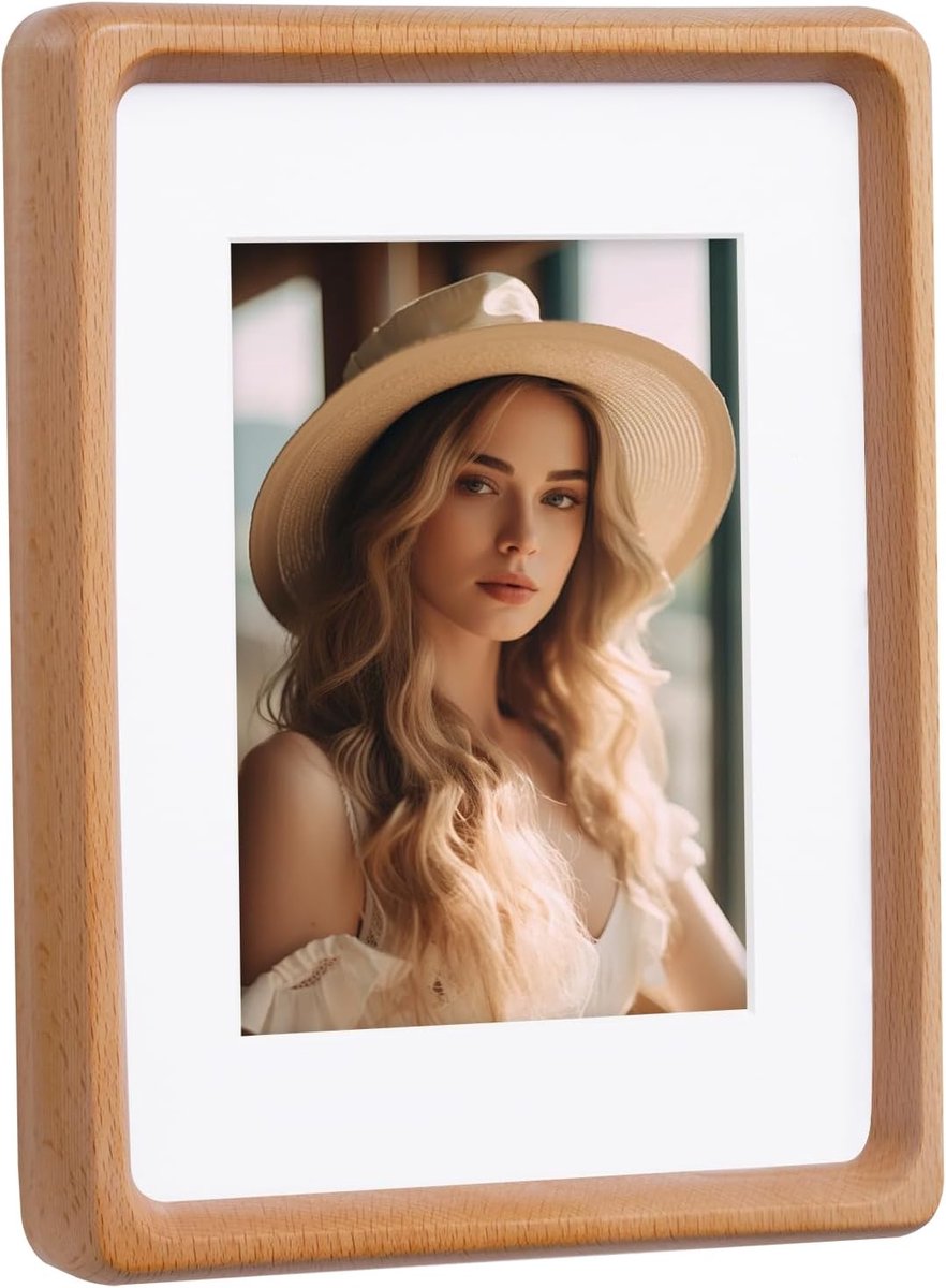 SnelShoppen - Houten Fotolijst 7 x 5 inch (13 x 18 cm) met Witte Mount - Perfect voor Muur & Tafel - Beukenhout - Staand & Hangend - Voor Foto's tot 9