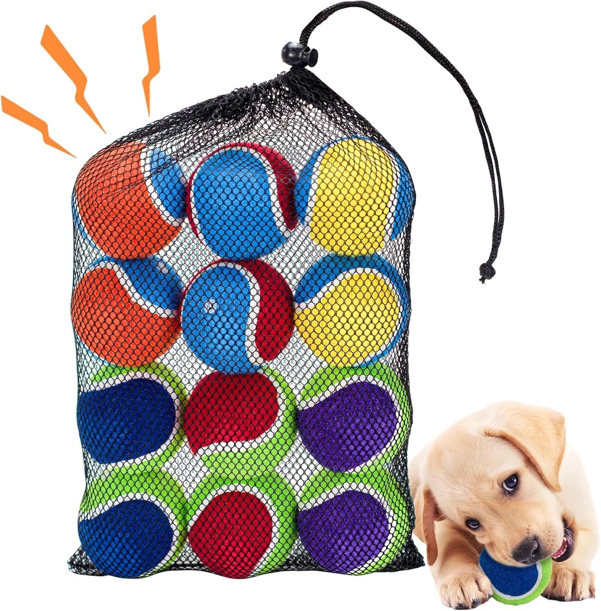 SnelShoppen - Squeaky Tennisballen voor Honden, 12 Stuks, 6.5 cm, Robuuste Hondenspeelgoed Ballen met Mesh Zak voor Buiten Spel en Training