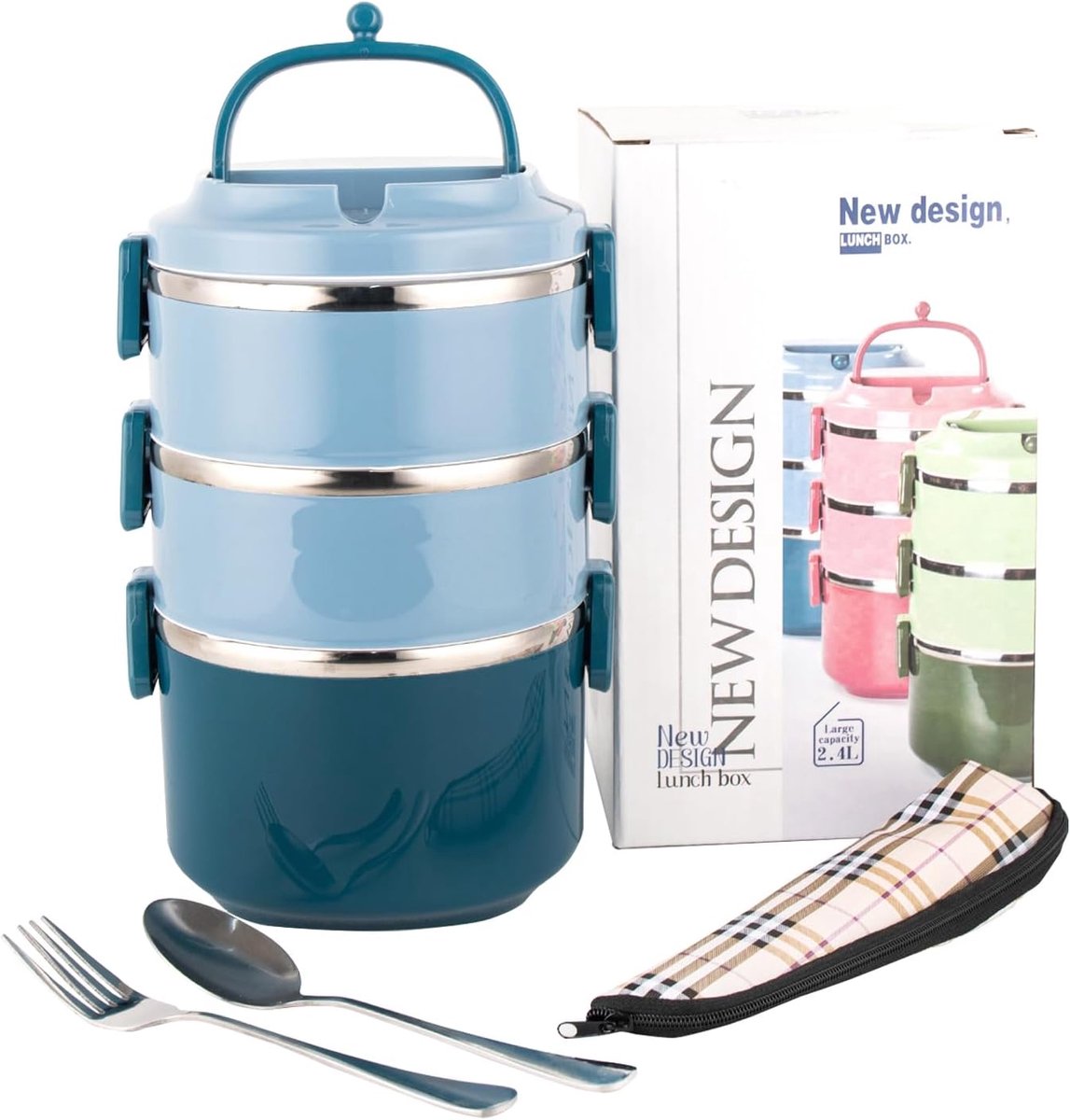 Thijox - 3 Laags 18/8 Roestvrijstalen Lunchbox - Stapelbare Bento Box met Handvat - Ideaal voor Camping, Werk en School - Blauw