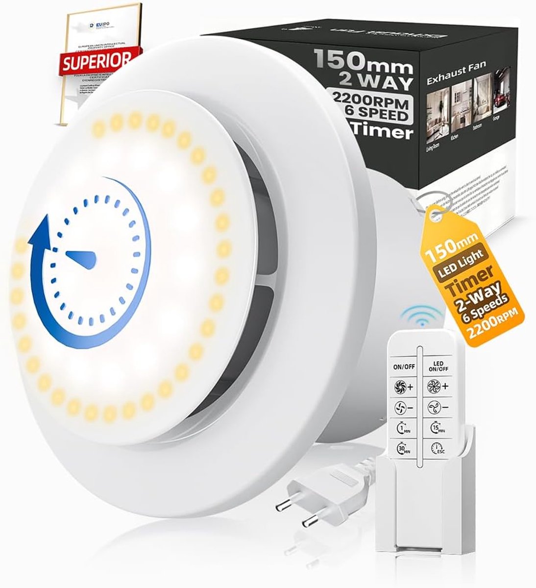 SnelShoppen - 150 mm Badkamer Ventilator met Terugloop en LED Verlichting, 2200 rpm, 350 m³/h, 2-Weg, 6 Draaimodi met Indicatorlampjes en Afstandsbedi