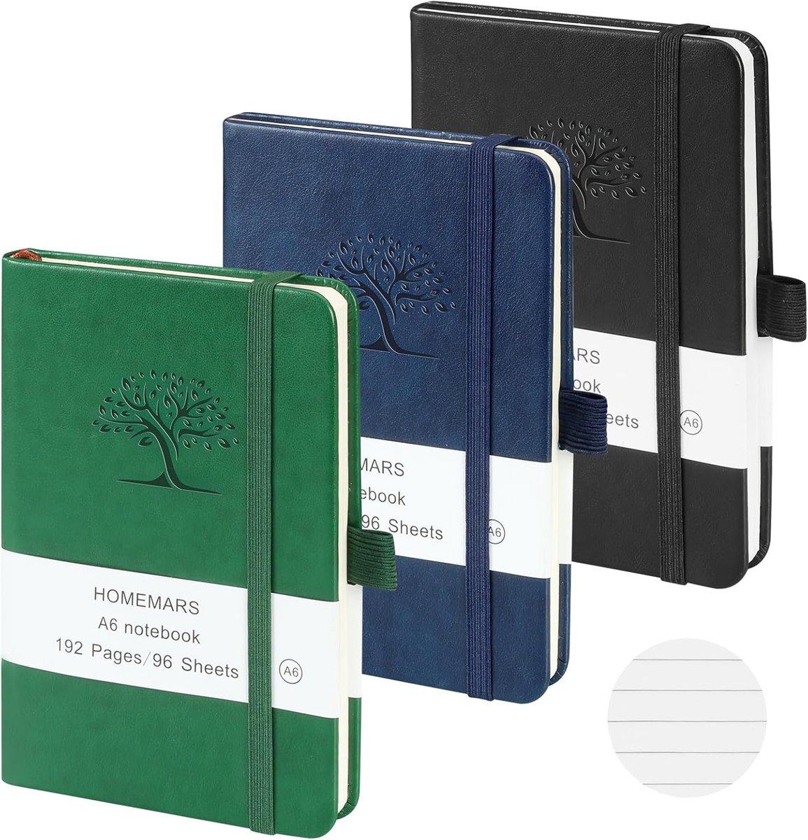 Thijox - Notitieboek A6 Set van 3 Stuks, 14,4 cm x 9,6 cm, Gelinieerde Notitieblokken in Zwart, Groen en Blauw met Reliëfboom-Design, Ideaal voor Werk