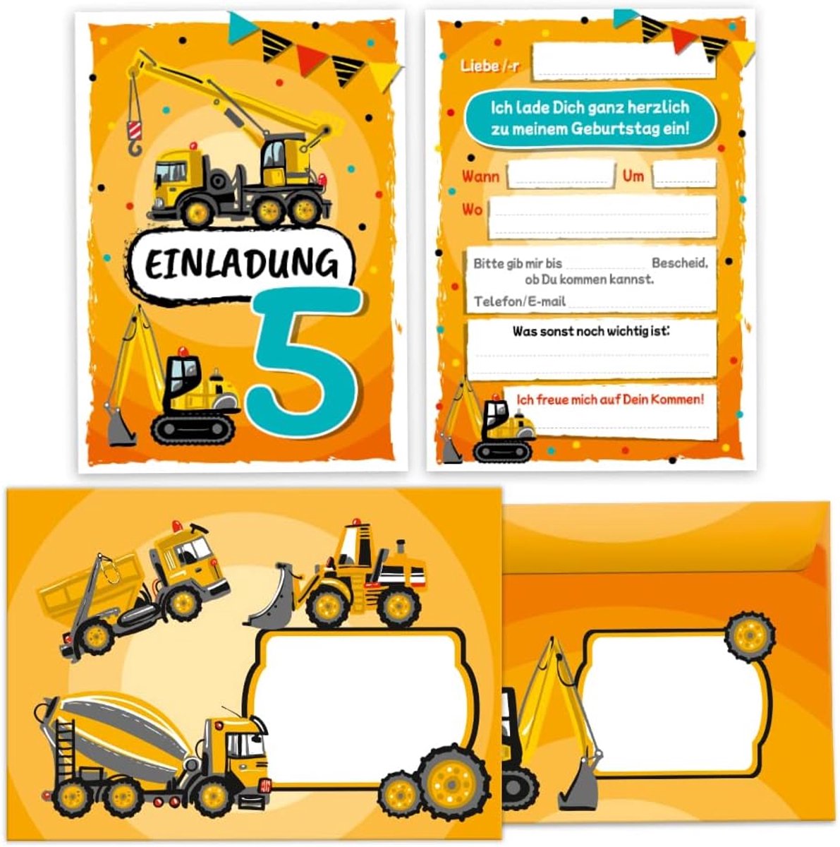 SnelShoppen - 12 Uitnodigingskaarten + Enveloppen voor 5e Verjaardag Kinderen - Bouwplaats Thema - 300 g/m² - Zelfklevend - Feestuitnodigingen voor Jo