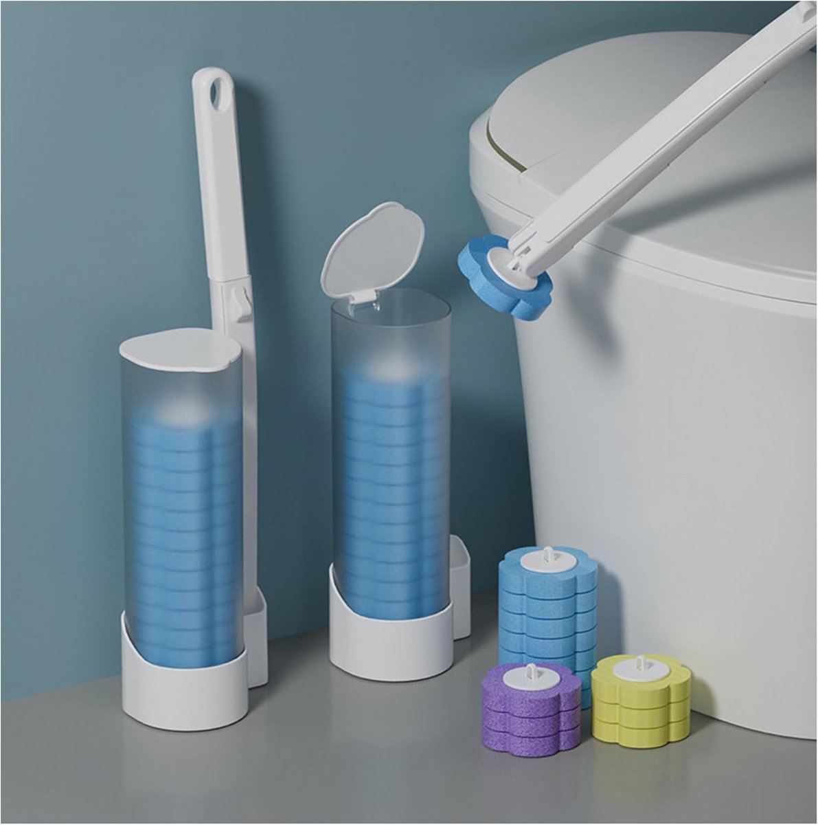 SnelShoppen - Wegwerp Toiletborstel met 12 Vervangbare Sponskoppen, Schoonmaakset voor Toilet, Badkuip, Gootsteen, Glas, Vloer, Inclusief Reinigingsvl
