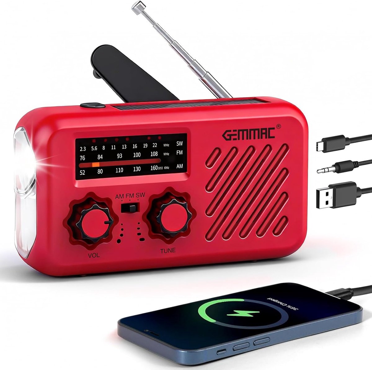 SnelShoppen - Draagbare Oplaadbare Radio AM/FM/SW - Dynamo Noodbroadcast Radio met 2000mAh LED Zaklamp, Leeslamp, USB, SOS Alarm voor Huishoudens, Ove