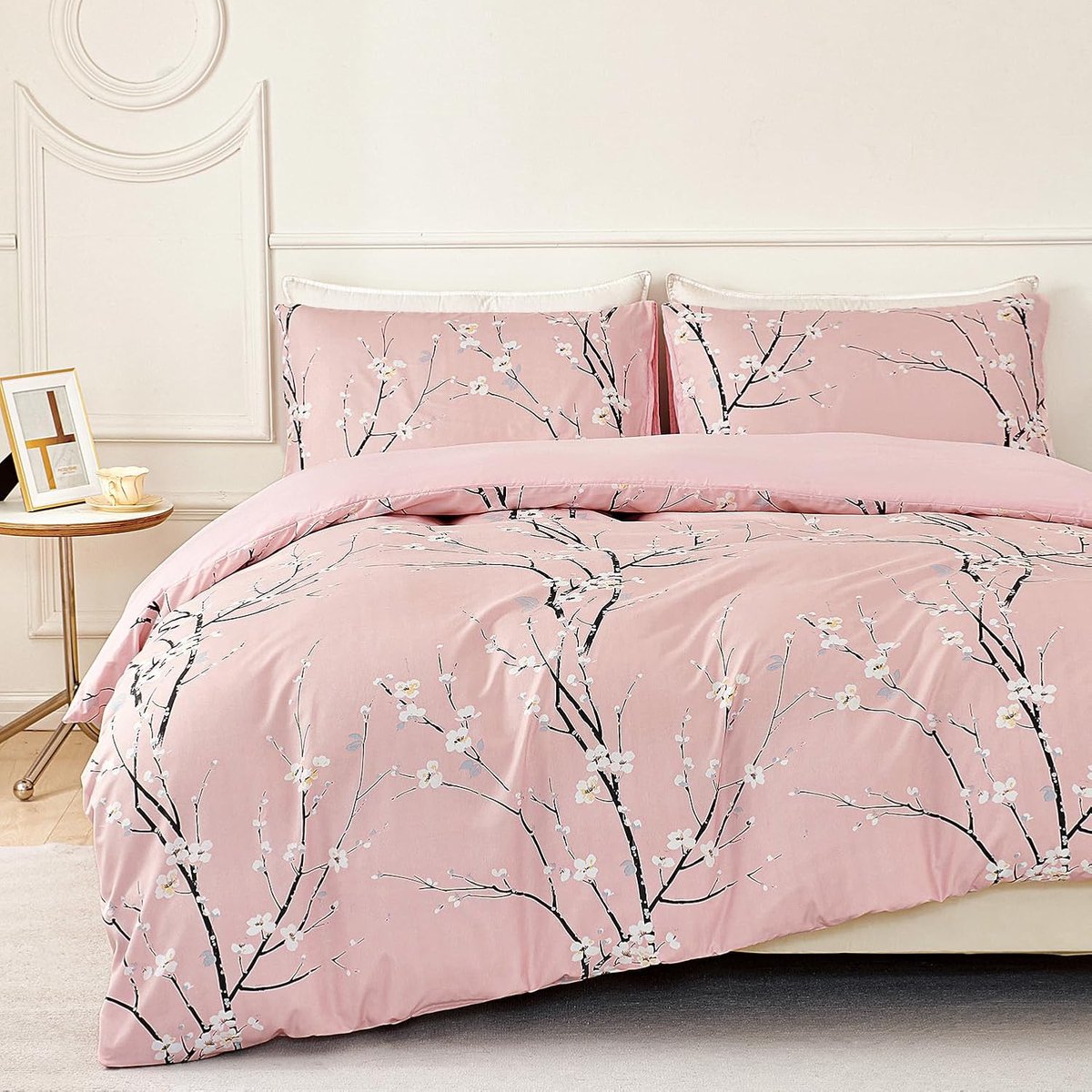 SnelShoppen - Dekbedovertrek Set met Bloemen en Takken Patroon 220 x 240 cm, 1 Persoon, 2 x Kussenslopen 65 x 65 cm, Modern Microfiber Bloemen Beddego