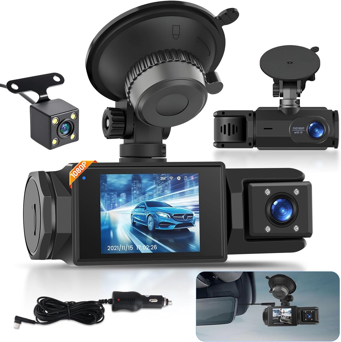 Thijox - 1080P Dash Cam met WiFi, 3-Kanaals Dash Cam voor Voor, Achter en Interieur, Full HD 2.0 Inch IPS Scherm, Loop Recording, Nachtzicht, 150° Gro