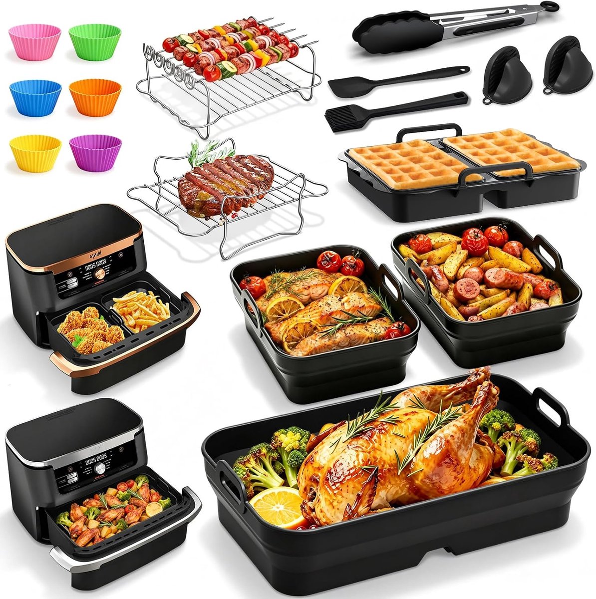 SnelShoppen - Air Fryer Accessoires Set voor Ninja Foodi FlexDrawer AF500EU 10.4L - Vouwbare Siliconen Mallen, Muffin Cups, Grillroosters, Silicone Ta