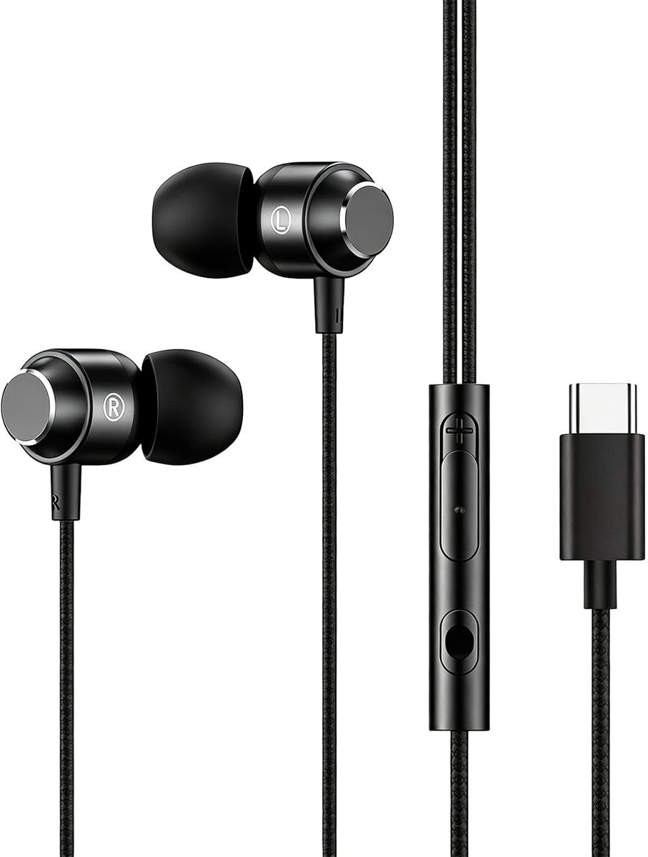 SnelShoppen - USB-C in-ear hoofdtelefoon met microfoon, ergonomisch design, robuust, stereogeluid, compatibel met mobiele telefoons, iPad en meer