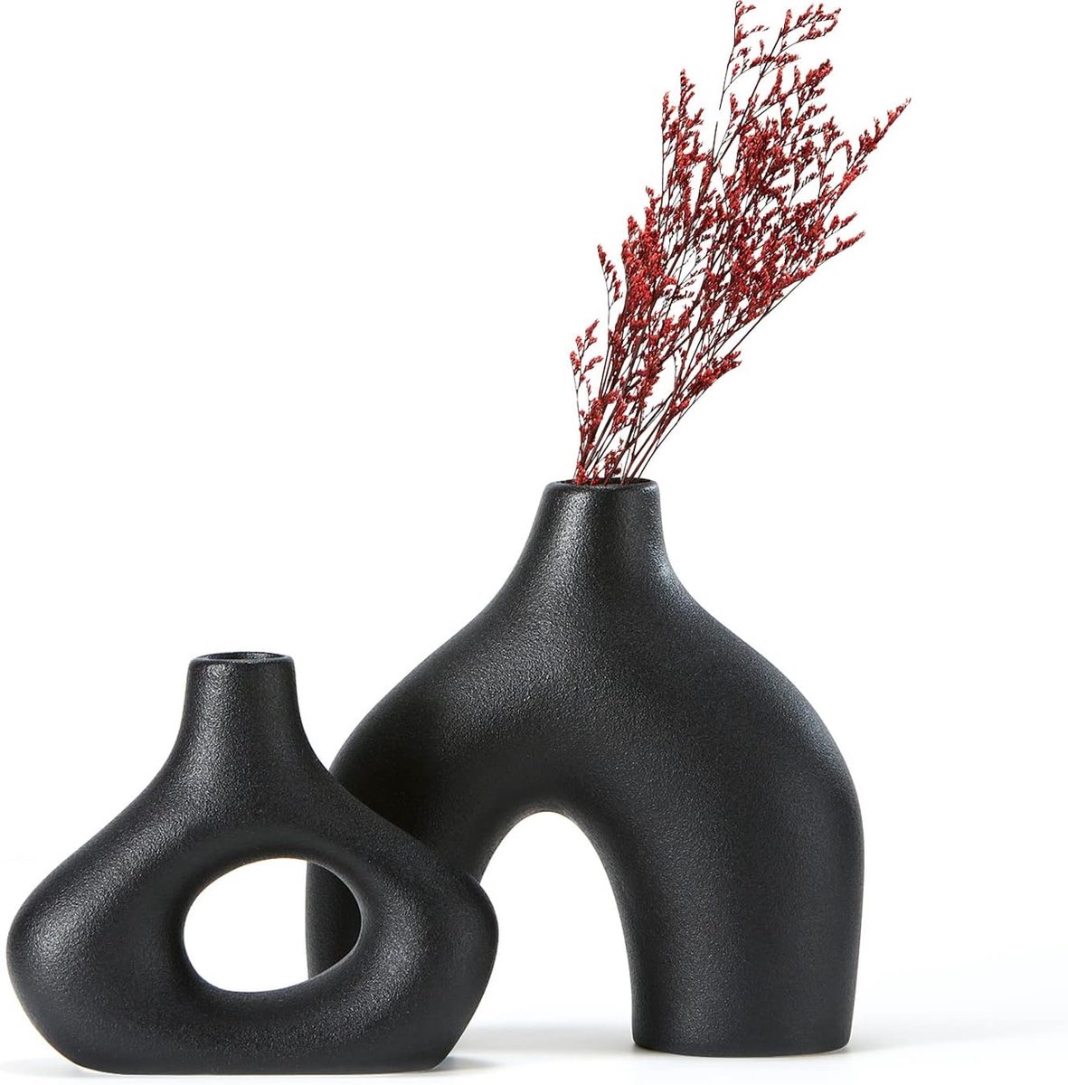 Thijox - Set van 2 Zwarte Keramische Vazen voor Moderne Boho en Nordic Minimalistische Stijl - Dubbele Decoratie Vazen voor Woonkamer, Bruiloft, Diner