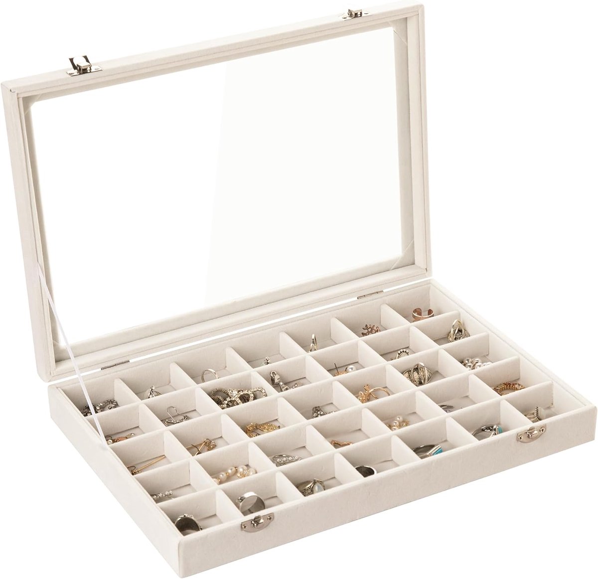 Thijox - Fluwelen Sieradendienblad - 35 Rasters Sieradenorganizer met Doorzichtig Deksel - Transparante Oorbellen Organizer - Houder voor Ringen en Oo