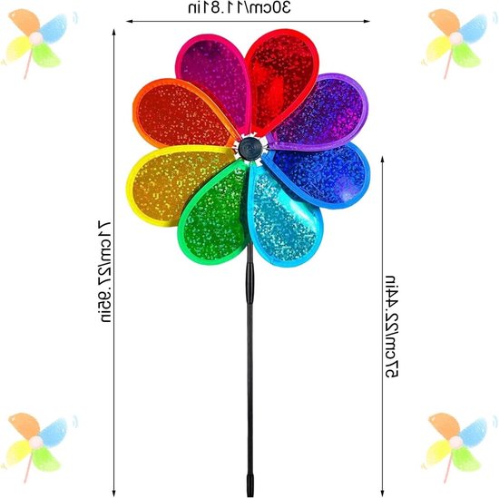 Windmolens voor Buiten - Set van 4 Stuks, Kindvriendelijke Decoratie, 30 cm Hoogte, Achtbladige Sequins, Tuinaccessoires, Balkonversiering, Totale Hoogte 71 cm — afbeelding 5