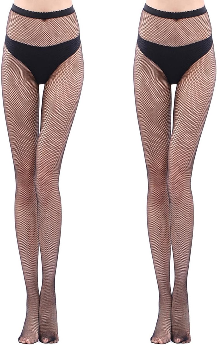 Zwarte Visnet Panty Set van 2 Stuks - Sexy Elastische Hoge Taille Kousen voor Avondkleding en Feestjes