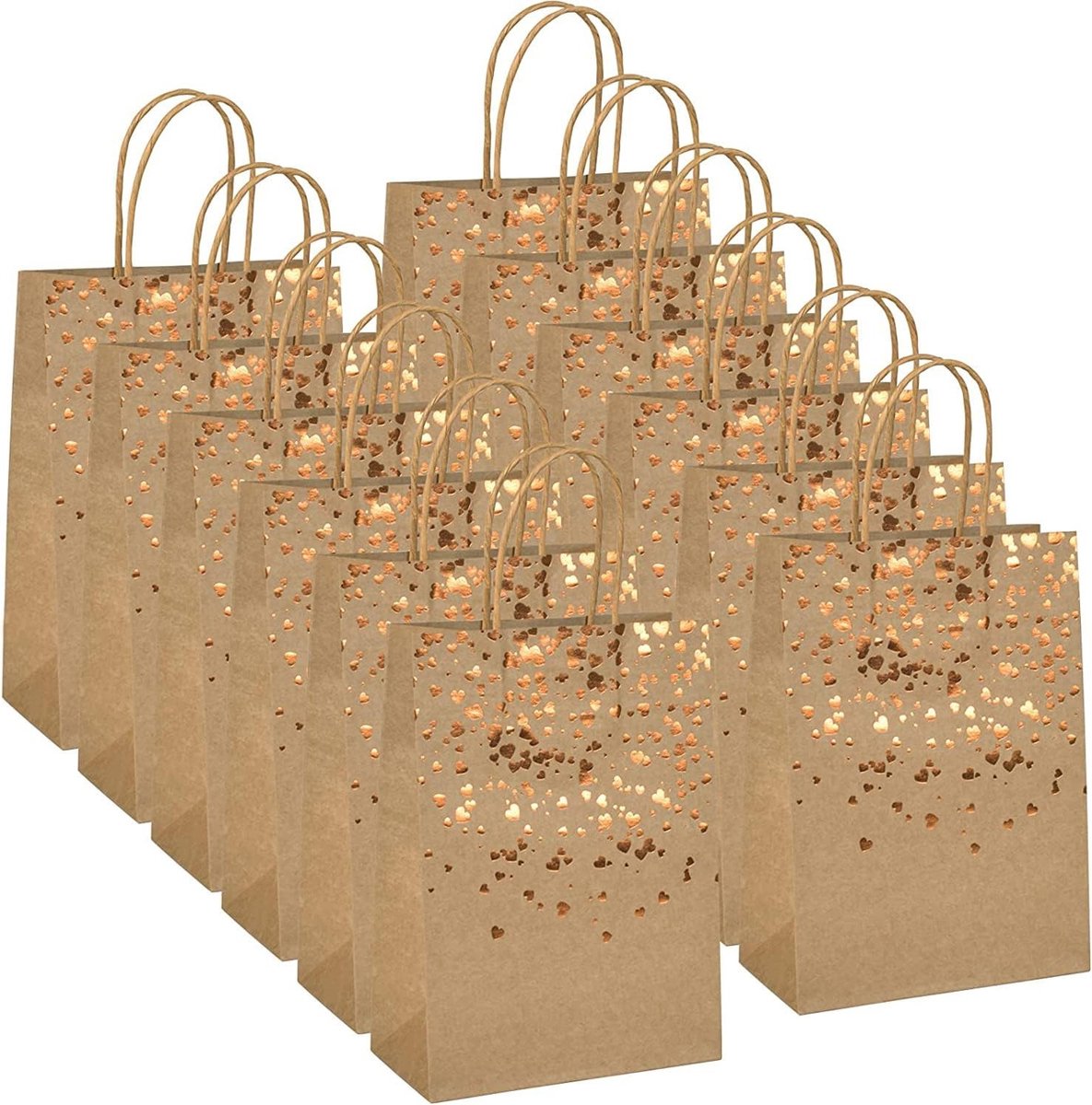12 Stuks Kraft Papieren Tassen met Handvat, Bronzing Hart Design voor Bruiloft, Verjaardag en Feestjes, 15 x 8 x 21 cm