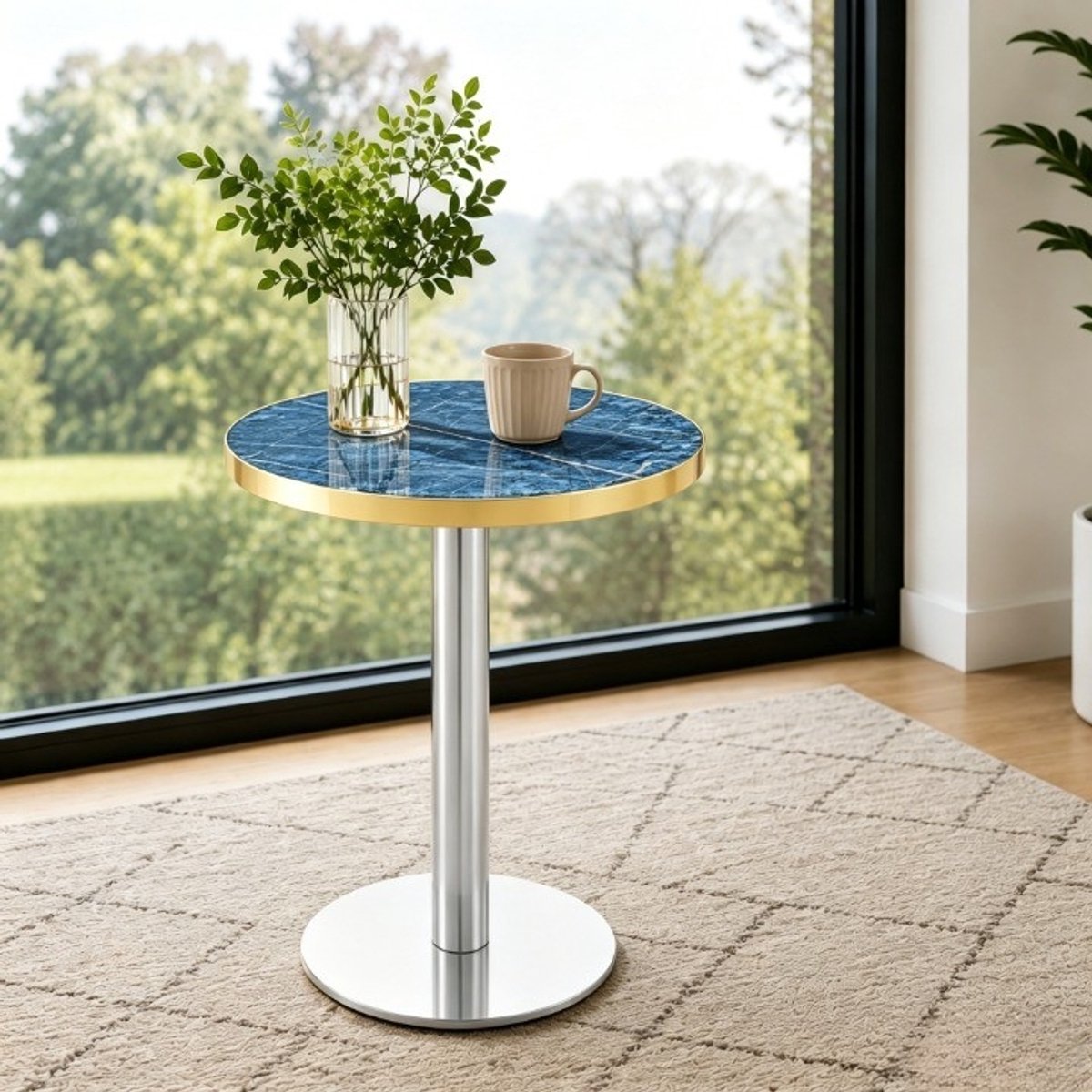MODENUIT Bijzettafel - Ronde Tafel Met Marmerlook - Voor Woonkamer Slaapkamer Of Balkon - MDF En Metaal - Blauw
