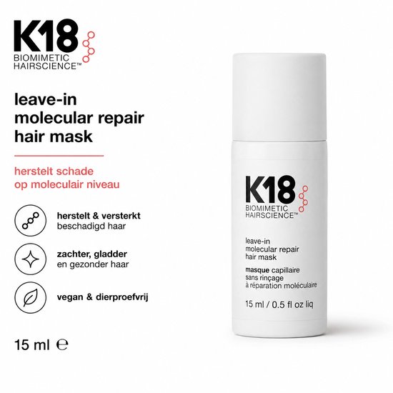 K18 Biomimetic Hairscience leave-in molecular repair hair mask 15 ml, herstelt schade op moleculair niveau.