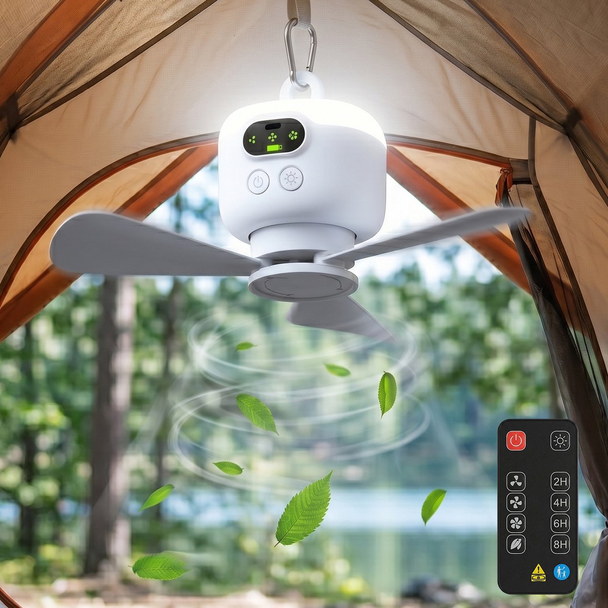 Rosnek Oplaadbare Plafondventilator met Lamp - 8000mAh Campingventilator - Draadloze Tentventilator met Onafhankelijk Nachtlampje & Afstandsbediening - Plafondlampen met ventilator Ø 27cm - Wit