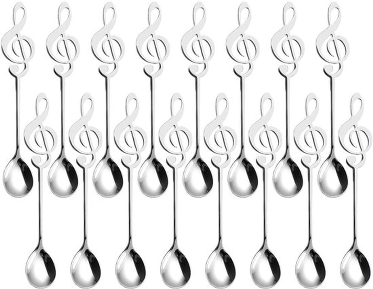 Koffielepels 16 stuks - Roestvrij Staal - Muzieknoten Decoratief - Dessertlepels - Geschenken voor Muzikanten - 15,5 cm - Theelepels