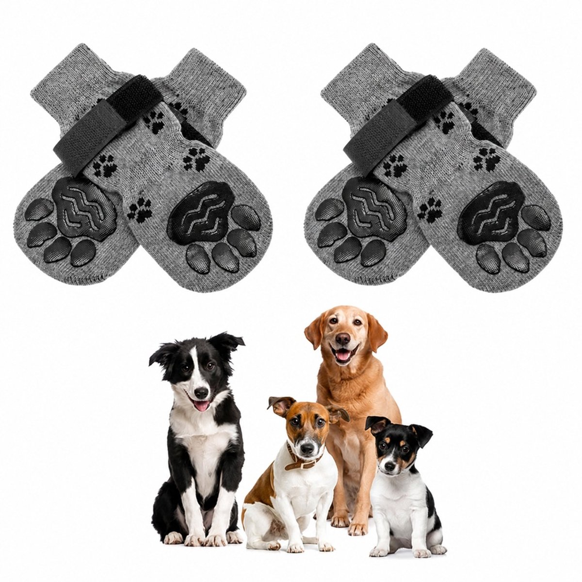Aventrix Hondensokken Antislip – Maat M – Honden Sokken tegen Uitglijden en Likkende Poten – Klittenband – Pootbescherming Binnen & Buiten – Set van 4 - Grijs